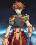  1boy ark_(tenchi_souzou) armor baggy_pants bangs belt blue_eyes brown_hair closed_mouth cowboy_shot forehead_jewel green_shirt headband looking_at_viewer male_focus night night_sky pants parted_bangs red_pants ribbon shirt short_hair short_sleeves shoulder_armor sky solo tenchi_souzou uboar wrist_ribbon 