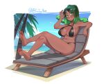  1girl arm_up bare_arms bare_shoulders bikini black_bikini blue_sky blush breasts chair cleavage cloud commentary commission covered_nipples crossed_legs dark-skinned_female dark_skin day english_commentary eyewear_lift green_eyes green_hair green_lips highres horizon large_breasts lifted_by_self long_hair looking_at_viewer lounge_chair ocean original parted_lips sin_(sintrybest) sky smile snake_hair solo sunglasses swimsuit twitter_username water 