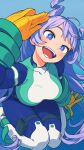  1girl :d absurdres ahoge bangs blue_background blue_bodysuit blue_eyes blue_hair blush bodysuit boku_no_hero_academia breasts bright_pupils collarbone commentary_request covered_navel dotted_background drill_hair eyelashes gloves hadou_nejire hair_horns highres large_breasts long_hair looking_at_viewer lower_teeth multicolored_bodysuit multicolored_clothes nobusawa_osamu open_mouth salute skin_tight smile solo superhero teeth thigh_strap tongue upper_teeth very_long_hair white_pupils yellow_gloves 