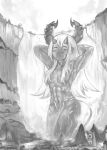  1girl abs bathing blush_stickers building cliff closed_eyes completely_nude demon_girl demon_horns demon_tail giant giantess greyscale hair_censor horns kneeling monochrome nude original pointy_ears smile solo tail toned water waterfall wet yilx 