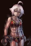  @_@ abs ahoge bikini breasts character_request chibi chibi_inset cleavage dana_zane dumbbell hair_between_eyes heart jill_stingray medium_breasts navel red_bikini red_eyes smile steaming_body sweat swimsuit toned va-11_hall-a white_hair yilx 