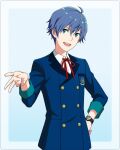  1boy ahoge amamine_shuu blue_eyes blue_hair breast_pocket buttons collared_shirt fingernails formal hair_between_eyes idolmaster idolmaster_side-m idolmaster_side-m_growing_stars male_focus neck_ribbon official_art open_mouth pocket ribbon shirt simple_background smile solo suit teeth third-party_source upper_teeth watch 