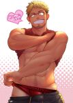  04sora40 1boy abs absurdres bara black_pants blonde_hair briefs clothes_lift clothes_pull earrings english_text facial_hair highres jewelry large_pectorals male_focus male_underwear muscular muscular_male navel original pants pants_pull pectorals red_male_underwear red_tank_top short_hair smile solo tank_top teeth underwear 