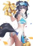  1girl animal_ears arm_up armpits ass aya_(lezon) bangs bare_arms bare_shoulders black_hair black_tail blue_archive blue_eyes blush breasts bright_pupils cheerleader cleavage collar commentary_request confetti cowboy_shot criss-cross_halter crop_top dog_ears dog_girl dog_tail eyewear_on_head from_side gloves halo halterneck hibiki_(blue_archive) hibiki_(cheerleader)_(blue_archive) highres holding holding_pom_poms long_hair looking_at_viewer medium_breasts midriff official_alternate_costume paid_reward_available panties parted_lips pom_pom_(cheerleading) ponytail raised_eyebrows sidelocks simple_background skirt solo star_sticker sticker_on_face sweat tail text_print thighs underwear wavy_mouth white_background white_collar white_gloves white_pupils 