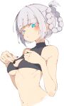  1girl :o armpit_crease bangs bare_shoulders black_nails black_shirt blue_eyes blunt_bangs blush braid breast_suppress breasts cleavage_cutout clothing_cutout covered_collarbone crop_top cropped_torso grey_hair hair_rings hands_up highres linea_alba looking_at_viewer medium_breasts medium_hair nail_polish nanakusa_nazuna_(yofukashi_no_uta) navel open_mouth rasusurasu ringed_eyes shirt sidelocks simple_background skindentation sleeveless sleeveless_turtleneck solo straight_hair turtleneck twin_braids upper_body white_background yofukashi_no_uta 