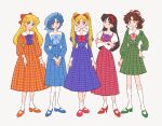  5girls :o aino_minako alternate_costume bangs bishoujo_senshi_sailor_moon black_hair blonde_hair blue_bow blue_dress blue_eyes blue_footwear blue_hair blue_headwear bow bowtie brown_hair collar crescent crescent_earrings crossed_arms dress drill_hair earrings flat_color full_body gold_earrings green_dress green_eyes green_footwear green_skirt hair_bow hair_ribbon hairband hand_on_hip headwear_request high_ponytail hino_rei jewelry juliet_sleeves kino_makoto long_hair long_sleeves looking_at_another makeup mizuno_ami multiple_girls orange_dress orange_footwear own_hands_together parted_bangs parted_lips pinafore_dress pink_bow pink_footwear pink_ribbon plaid plaid_dress plaid_skirt pleated_dress pleated_skirt ponytail puffy_long_sleeves puffy_sleeves purple_bow purple_dress purple_eyes red_bow red_dress red_footwear red_hairband red_lips retro_artstyle ribbon rikuwo sailor_collar sailor_dress sailor_moon shirt short_hair simple_background skirt sleeve_cuffs socks standing tsukino_usagi twin_drills twintails two-tone_dress white_background white_collar white_sailor_collar white_shirt white_socks 