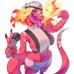  1:1 anthro bottomwear breasts clothing female fire hi_res lethalbliss microphone navel nintendo pokemon pokemon_(species) shorts side_boob skeledirge solo tongue tongue_out video_games yellow_eyes 