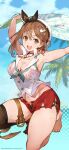  1girl armpits atelier_(series) atelier_ryza atelier_ryza_2 blush breasts brown_eyes brown_hair cleavage hair_ornament hairclip hat highres jewelry large_breasts looking_at_viewer navel official_art open_mouth red_shorts reisalin_stout short_hair short_shorts shorts smile solo thick_thighs thighhighs thighs toridamono white_headwear wide_hips 