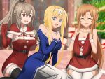  3girls alice_zuberg asuna_(sao) black_bow black_thighhighs blonde_hair blue_eyes blurry blurry_background bow braid breasts brown_hair capelet christmas christmas_tree cleavage closed_eyes collarbone dress drooling elbow_gloves eydis_(sao) fur-trimmed_capelet fur-trimmed_gloves fur_trim gloves grey_hair hair_bow hair_intakes hairband high_ponytail highres lens_flare long_hair medium_breasts multiple_girls mysteryctu open_mouth red_capelet red_dress red_eyes red_gloves red_ribbon ribbon santa_costume shiny shiny_hair short_dress signature sitting strapless strapless_dress sword_art_online thighhighs very_long_hair wariza wavy_mouth white_hairband white_thighhighs wrist_cuffs zettai_ryouiki 