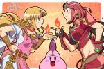  1other 2girls bangs black_gloves blonde_hair breasts chest_jewel dress earrings fingerless_gloves fire gloves headpiece jewelry kirby kirby_(series) large_breasts long_hair multiple_girls princess_zelda pyra_(xenoblade) red_eyes red_hair red_shorts short_hair short_shorts shorts super_smash_bros. swept_bangs the_legend_of_zelda the_legend_of_zelda:_a_link_between_worlds thighhighs tiara xenoblade_chronicles_(series) xenoblade_chronicles_2 you_bird 