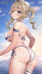  1girl ass barbara_(genshin_impact) bikini blonde_hair blue_eyes blue_sky blush breasts closed_mouth cloud day from_behind genshin_impact highres large_breasts looking_at_viewer looking_back outdoors skindentation sky solo strap_gap swimsuit takenoko_pengin thigh_strap twintails 