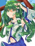  1girl bangs blue_skirt blue_sky breasts chinese_commentary closed_mouth collared_shirt commentary_request cowboy_shot detached_sleeves frog_hair_ornament green_eyes green_hair hair_ornament highres impossible_clothes impossible_shirt kochiya_sanae navel niujingfan56482 shirt single_hair_tube skirt sky sleeveless sleeveless_shirt small_breasts smile solo torii touhou white_sleeves 