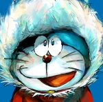 2017 anthro bell blue_background blue_body blue_fur clothed clothing domestic_cat doraemon doraemon_(character) felid feline felis fur looking_at_viewer machine male mammal mt_tg open_mouth red_nose robot shaded simple_background solo tongue whiskers white_body white_fur winter_clothing 