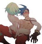  2boys absurdres androgynous ass black_gloves blue_eyes blue_hair blush bulge completely_nude erection erection_under_clothes galo_thymos gloves green_hair highres lio_fotia looking_at_another lying male_focus mohawk multiple_boys nipples nude on_back on_lap pants promare red_pants shinemoe short_hair sidecut simple_background topless_male white_background yaoi 