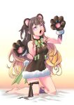  1girl animal_ears animal_hands anya_melfissa bangs barefoot bear_ears bear_paw bear_tail blonde_hair brown_hair dress fur_trim galih_m._santoso gloves highres hololive hololive_indonesia kneeling long_hair multicolored_hair paw_gloves purple_eyes tail two_side_up virtual_youtuber 