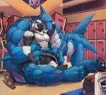  absurd_res anthro anthro_on_anthro blue_body duo fish hi_res interspecies locker_room lyga male male/male marine muscular muscular_anthro muscular_male scar shark size_difference tetae x_scar 