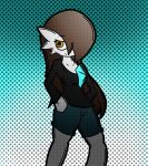  2022 blue_background bottomwear brown_hair clothing female gardevoir generation_3_pokemon hair hair_over_eye hands_on_hips humanoid long_hair looking_at_viewer malegardevoir nintendo not_furry one_eye_obstructed pokemon pokemon_(species) shorts simple_background smile smirk solo video_games yellow_eyes 