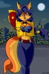  anthro belt blue_hair bottomwear breasts canid canine carmelita_fox cleavage clothed clothing collar corset eshbaal female fox fur gloves gun hair handwear hi_res holding_object jacket lingerie looking_at_viewer mammal moon night open_mouth orange_body orange_eyes orange_fur outside pants ranged_weapon sly_cooper_(series) solo sony_corporation sony_interactive_entertainment sucker_punch_productions topwear video_games weapon 