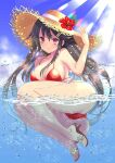  1girl ass bikini breasts brown_hair bubble flower haruna_(kancolle) hat hibiscus highres kantai_collection kawaii_hito long_hair nanase_aoi non-web_source ocean red_eyes straw_hat suimen summer sunlight swimsuit water_drop 