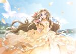  1girl 2021 :d bird bird_on_hand brown_hair choker code_geass collarbone dated day dress floating_hair framed hair_intakes hair_ribbon iwai10iwai layered_dress long_dress long_hair nunnally_lamperouge off-shoulder_dress off_shoulder open_mouth orange_ribbon outdoors petals purple_eyes ribbon smile solo sparkle standing very_long_hair wrist_cuffs yellow_choker yellow_dress 