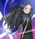  1girl black_hair black_jacket blackspade blue_eyes buttons commentary_request double-breasted eyelashes geeta_(pokemon) gloves holding jacket long_hair long_sleeves looking_at_viewer neck_ribbon pokemon pokemon_(game) pokemon_sv ribbon smile solo tera_orb upper_body yellow_ribbon 