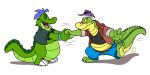  2022 3_toes 4_fingers alligator alligatorid anthro belly biped bottomwear brok_(character) brok_the_investigator clothing crocodilian duo eyes_closed feet fingers green_body happy hat headgear headwear hi_res hubie360 humanoid_hands pants reptile scalie shirt slightly_chubby surprise toes topwear video_games 