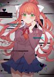 1girl absurdres bangs blazer blue_skirt blush bow breasts brown_hair closed_mouth collared_shirt commentary_request cowboy_shot doki_doki_literature_club glitch green_eyes hair_bow hair_ribbon hand_up heart heart-shaped_pupils highres jacket konemu long_hair long_sleeves looking_at_viewer looking_down medium_breasts monika_(doki_doki_literature_club) neck_ribbon pleated_skirt ponytail red_bow red_ribbon ribbon school_uniform shirt sidelocks simple_background skirt solo standing straight-on sweat symbol-shaped_pupils white_bow white_ribbon 