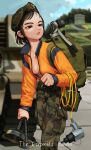  1girl absurdres backpack bag black_hair breasts brown_eyes camouflage camouflage_pants day hat highres holding jacket military military_hat military_uniform orange_jacket original outdoors pants rifleman1130 short_hair small_breasts solo sweat uniform 