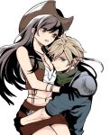  1boy 1girl armor bare_shoulders black_gloves black_hair blonde_hair blue_eyes blush bracelet breasts brown_headwear brown_skirt brown_vest carrying cleavage cloud_strife cowboy_hat crisis_core_final_fantasy_vii crop_top final_fantasy final_fantasy_vii final_fantasy_vii_remake gloves hand_on_another&#039;s_ass hat hug jewelry long_hair looking_at_another lowres midriff mono0805 navel open_mouth princess_carry red_eyes scarf shinra_infantry_uniform shoulder_armor skirt tifa_lockhart vest white_background 