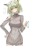  ... 1girl arknights breasts bright_pupils brown_sweater clothing_cutout cowboy_shot cup dress green_eyes green_hair hair_intakes highres holding holding_cup kal&#039;tsit_(arknights) large_breasts long_sleeves looking_at_viewer mug oripathy_lesion_(arknights) ribbed_sweater shino_duka short_hair shoulder_cutout simple_background single_bare_shoulder solo spoken_ellipsis sweater sweater_dress white_background white_pupils 