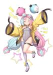  1girl bow-shaped_hair breasts character_hair_ornament grey_pantyhose hair_ornament hexagon_print highres iono_(pokemon) jacket leotard multicolored_hair oversized_clothes pantyhose pokemon pokemon_(game) pokemon_sv sharp_teeth single_leg_pantyhose sleeves_past_wrists solo split-color_hair teeth very_long_sleeves x yellow_jacket yougen_kitsune 