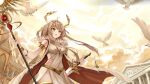  1girl armlet bird breasts building caesar_(code:seed) cleavage cloak cloud code:seed_a_song_of_spark floating_hair_ornament head_wreath holding holding_weapon hood hooded_cloak jewelry letter non-web_source official_art pendant sidelocks sky staff sword weapon yellow_eyes 