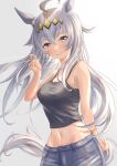  1girl ahoge animal_ears bangs bare_arms bare_shoulders blue_eyes breasts camisole crop_top grey_background grey_hair hair_between_eyes highres horse_ears korokoro_nekoz long_hair looking_at_viewer medium_breasts midriff navel oguri_cap_(umamusume) simple_background smile solo spaghetti_strap stomach umamusume upper_body very_long_hair 