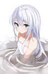  1girl absurdres blue_eyes blush closed_mouth collarbone fathom hair_between_eyes hibiki_(kancolle) highres kantai_collection long_hair naked_towel onsen partially_submerged simple_background solo towel water white_background white_hair 
