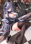  1girl absurdres august_von_parseval_(azur_lane) azur_lane bare_shoulders between_breasts black_dress black_footwear black_ribbon black_sleeves black_thighhighs blurry breasts checkered_floor cleavage clothing_cutout commentary_request cross cross-laced_clothes depth_of_field detached_sleeves dress dutch_angle feet full_body gloves hair_over_one_eye hair_ribbon hand_up high_heels highres horns iron_cross kaidou_nora- large_breasts legs long_hair long_sleeves looking_at_viewer mechanical_horns microdress no_shoes one_eye_covered parted_lips purple_eyes purple_hair ribbon shoes shoes_removed sitting thighhighs thighs tile_floor tiles toes very_long_hair white_gloves yokozuwari 