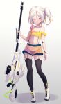  1girl absurdres black_thighhighs breasts crop_top full_body highres holding holding_weapon looking_at_viewer midriff original pink_eyes see-through_shorts side_ponytail small_breasts solo standing tank_top thighhighs trimbil weapon white_footwear white_hair yellow_tank_top 