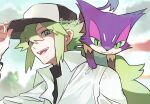  1boy aqua_eyes bangs collared_shirt commentary green_hair hair_between_eyes hand_on_headwear hat long_hair male_focus n_(pokemon) nao_(naaa_195) on_shoulder open_mouth pokemon pokemon_(creature) pokemon_(game) pokemon_bw pokemon_on_shoulder purrloin shirt teeth tongue undershirt upper_body upper_teeth watermark white_shirt 