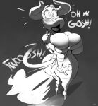  absurd_res anthro big_breasts big_butt breasts butt clothing dragon embarrassed fart fart_fetish female fire_fart hi_res horn monochrome onomatopoeia solo sound_effects surprised_expression text torn_clothing vimhomeless 