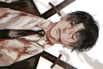  1boy bangs black_hair black_necktie blood blood_from_eyes blood_on_clothes blood_on_face chainsaw_man chest_belt collared_shirt curtained_hair ear_piercing highres injury katana kishibe_(chainsaw_man) kishibe_(young)_(chainsaw_man) looking_at_viewer multiple_piercings ndsoda necktie open_mouth piercing scar scar_on_cheek scar_on_face shirt short_hair sideways simple_background solo sword weapon weapon_on_back white_background white_shirt 
