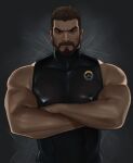  1boy bara bare_shoulders beard black_hair black_shirt covered_nipples crossed_arms dark-skinned_male dark_skin facial_hair gr_goden highres large_pectorals male_focus muscular muscular_male overwatch overwatch_2 pectorals reaper_(overwatch) scar scar_on_cheek scar_on_face shirt short_hair sleeveless solo 