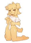  &lt;3 anthro canid canine canis clothed clothing crayon_(artist) domestic_dog dripping_slime female hi_res hybrid looking_at_viewer mammal raised_clothing raised_shirt raised_topwear ruler shirt simple_background sitting slime solo tail topwear translucent white_background yellow_slime 