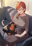  1girl 92m ^_^ ahoge animal breasts brown_skirt closed_eyes commentary_request couch dog glasses highres large_breasts looking_at_viewer mature_female medium_hair on_couch original ponytail red-framed_eyewear red_hair sitting skirt smile translation_request 