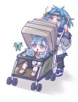  aged_down baby_carrier blue_eyes blue_hair bug butterfly flying_sweatdrops green_eyes highres hololive hololive_indonesia holostars holostars_english kobo_kanaeru long_hair monja_(monja0521) multicolored_hair multiple_boys regis_altare short_hair virtual_youtuber white_background white_hair 