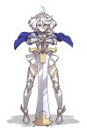  1girl ahoge alternate_costume arm_guards armor armored_boots blue_cape blue_shirt boots breastplate cape commentary_request gauntlets glint grey_eyes grey_hair gundam gundam_suisei_no_majo hair_between_eyes hand_on_hilt heebee knee_pads looking_at_viewer miniskirt miorine_rembran planted planted_sword pleated_skirt puffy_short_sleeves puffy_sleeves serious shadow shirt short_sleeves simple_background skirt solo standing straight-on sword tiara twitter_username v-shaped_eyebrows weapon white_background white_skirt wind wind_lift winged_footwear 