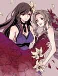  2girls aerith_gainsborough bangs bare_shoulders black_hair blue_dress breasts brown_hair carrying cleavage dress earrings falling_petals final_fantasy final_fantasy_vii final_fantasy_vii_remake flower green_eyes hair_flower hair_ornament jewelry large_breasts long_dress long_hair mono0805 multiple_girls neck_ribbon necklace official_alternate_costume petals princess_carry red_dress red_eyes red_flower ribbon simple_background sleeveless sleeveless_dress small_breasts tifa_lockhart tifa_lockhart&#039;s_refined_dress yellow_flower 