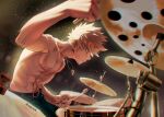  1boy abs artist_name bakugou_katsuki belt blonde_hair bloom blurry blurry_foreground bokeh boku_no_hero_academia chromatic_aberration circle_name concentrating cymbals depth_of_field diffraction_spikes drum drum_set drumsticks foreshortening from_side green_pants instrument jewelry leaning_forward magatama magatama_necklace male_focus milmil_(wa_ten&#039;nendesu) motion_blur music necklace no_nipples pants parted_lips playing_instrument profile sidelighting sitting solo sweat toned toned_male topless_male upper_body yellow_theme 