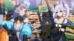  2girls ahoge barcode barcode_tattoo bare_shoulders blue_eyes breasts brick_wall cleavage code:seed_a_song_of_spark da_vinci_(code:seed) detached_sleeves graffiti grey_hair gun hair_ornament jacket looking_at_another multicolored_hair multiple_girls non-web_source official_art open_mouth orange_eyes paint puffy_sleeves shadow smile tattoo twintails two-tone_hair van_gogh_(code:seed) weapon 