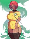  1girl 2022_fifa_world_cup absurdres black_collar black_panties black_thighhighs blue_eyes blush brazil breasts chain chain_leash collar country_connection covered_navel curvy dark-skinned_female dark_skin english_commentary garter_straps giovanna_(guilty_gear) guilty_gear guilty_gear_strive hentaly highres large_breasts leash lingerie looking_at_viewer no_pants panties pantyshot red_hair short_hair soccer_uniform solo sportswear standing thick_thighs thighhighs thighs underwear world_cup 