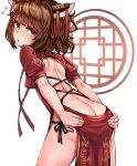  ass back brown_hair china_dress chinese_clothes dress headgear highres looking_at_viewer looking_back open_mouth red_eyes taaru_(taru) touhoku_kiritan voiceroid white_background 