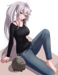  1girl :d absurdres ahoge animal_ears arm_support barefoot black_shirt bra_strap breasts denim grey_eyes grey_hair grey_pants head_tilt highres hololive lion_ears long_hair long_sleeves looking_at_viewer medium_breasts open_mouth pants ponytail shiny shiny_hair shirt shishiro_botan sitting smile solo sone_(cortisone) very_long_hair virtual_youtuber white_background 